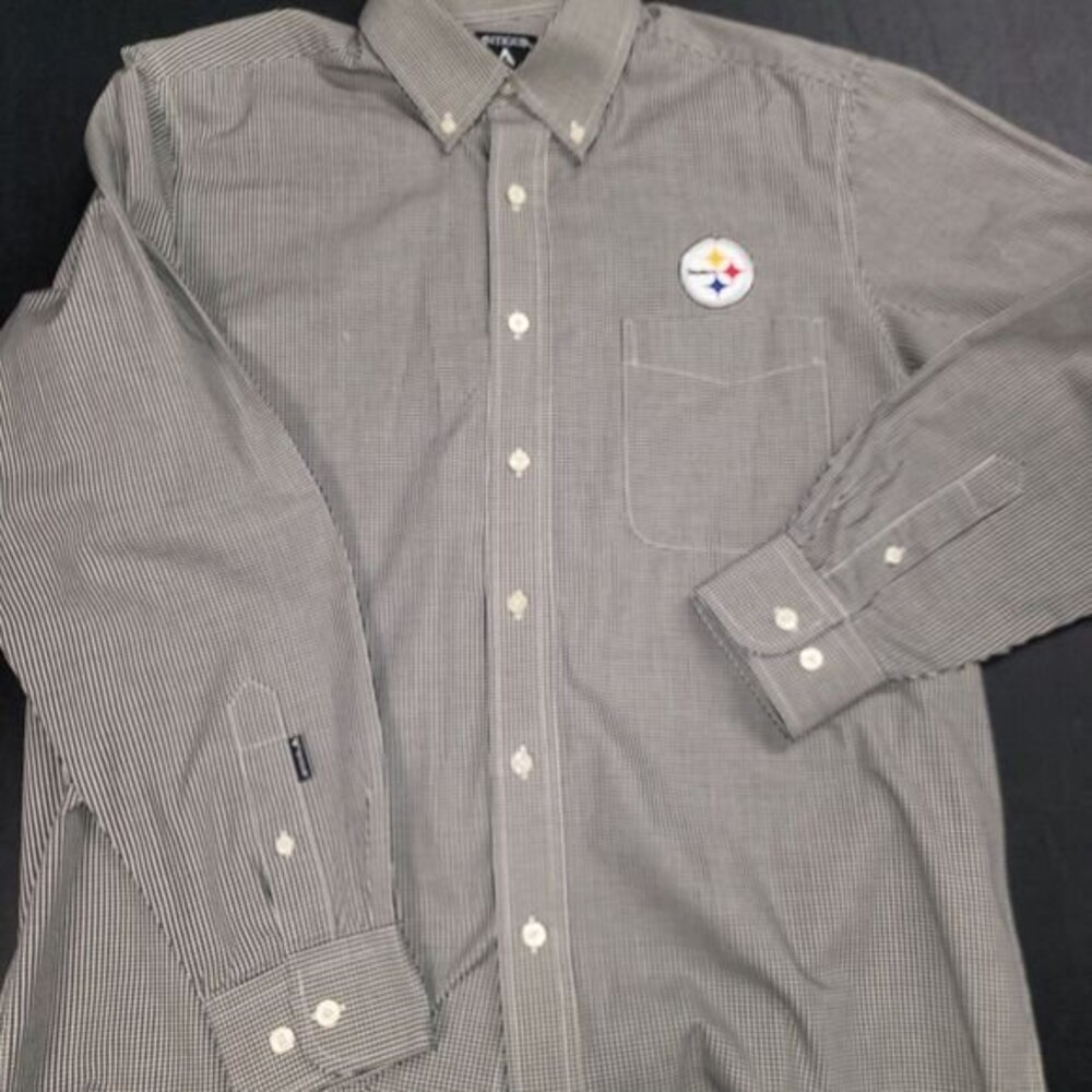 Antigua Button-Up Shirt Black Checkered Long Sleeve Medium Steelers Logo - Used
